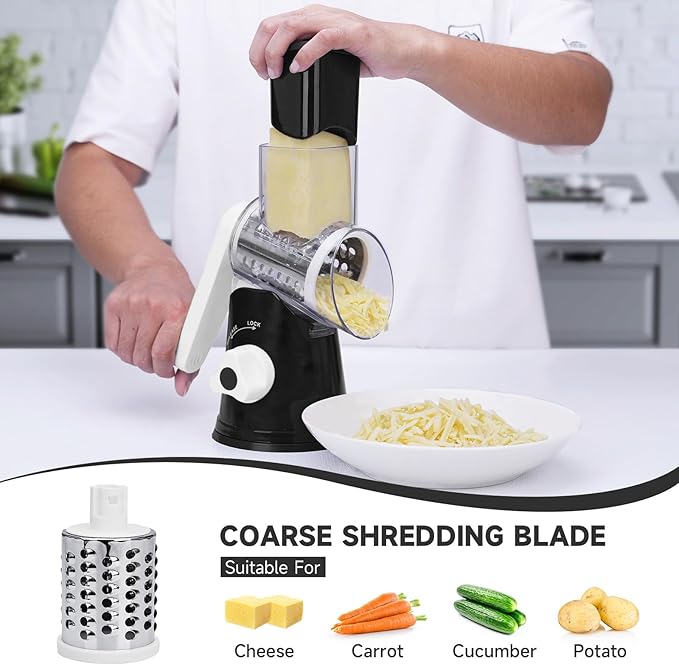 Rotary Cheese Grater with Handle, Kitchen Mandoline Vegetable Slicer with 3 Interchangeable Blades & Strong Suction Base, Easy to Clean Grater for Vegetables, Fruit, Nuts, Black