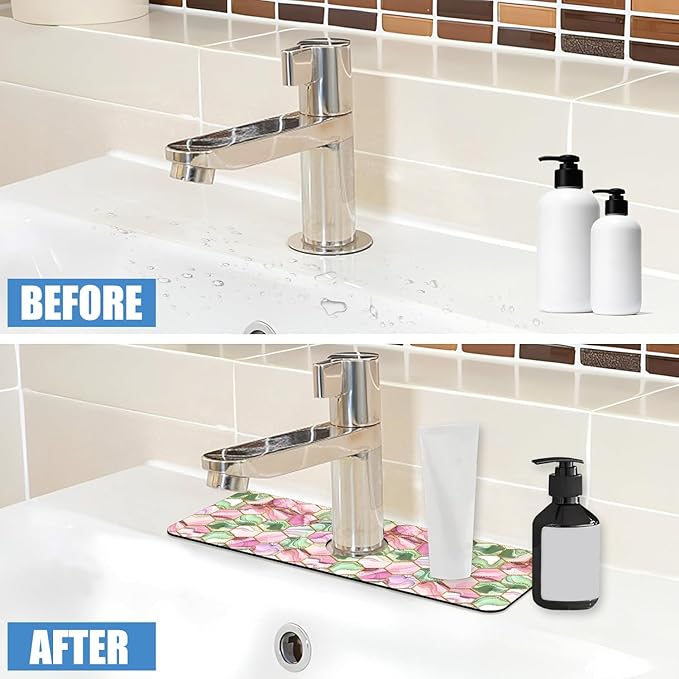 Sink Splash Guard Faucet Mat Abstract Pink and Green Hexagon Texture Absorbent Fast Drying Mat Sink Gadgets Splash Guard Behind Faucet Drip Catcher for Kitchen Bathroom 15.5"X5.5"