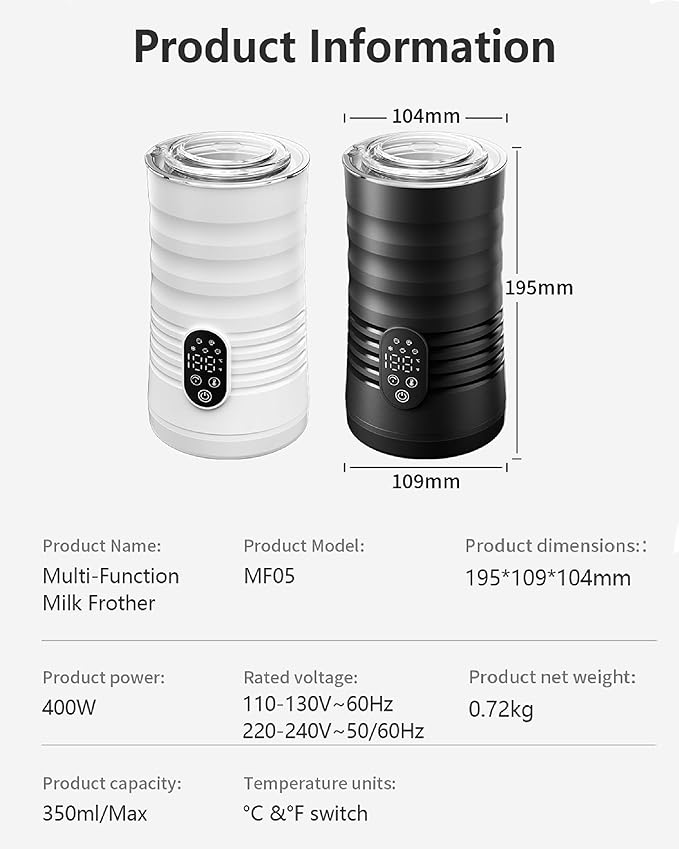 Milk Coffee Frother and Steamer,Temperature Display, 350lm, Burn-Free Base, Easy To Clean, 96% High Foam Rate,Ultra-Quiet Operation,Electric Cold Foam Maker Machine,Hot Chocolate Frother - Milky White
