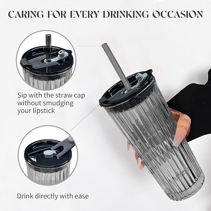 Puraville 2 Pack 18oz Glass Cups with Lids and Straws, Vintage Ribbed Striped Glacier Pattern Thickened Glassware for Whiskey Cocktail Beer, Mason Jar Drinking Glasses Tumbler Iced Coffee Cup, Black