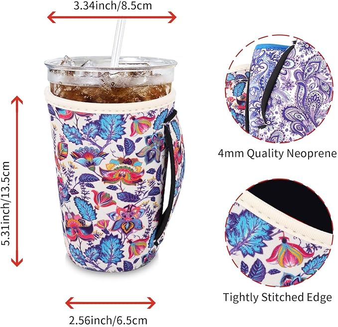 4Pack Reusable Iced Coffee Sleeve Insulator Sleeves for Cold Drinks Beverages, Neoprene Cup Holder for Most Coffee, Fits 22-24oz Medium Cups (Paisley)