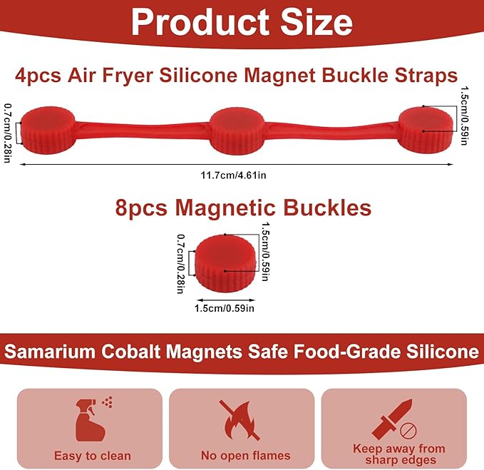 4 Sets Silicone Magnet Buckles for Air Fryer Parchment Paper, Secure Locking Disposable Liners Magnetic Clips Holder for All Iron Air Fryer Accessories, Heat-Resistant & Prevent Paper Burns (Red)