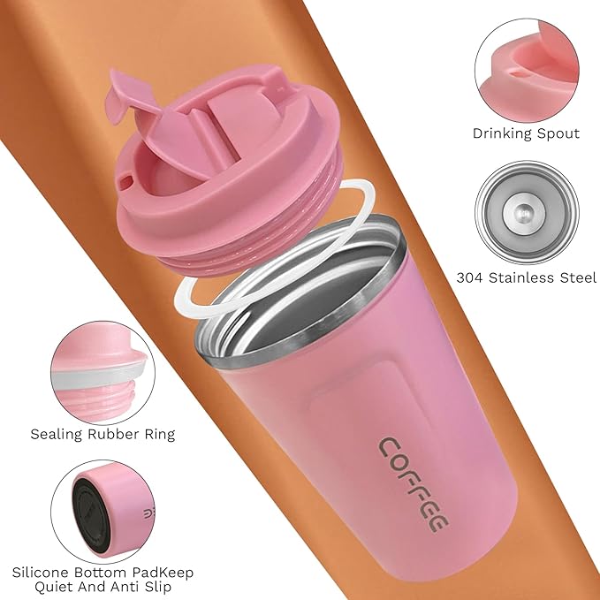 SPLMIFA Travel coffee mugs leak-proof, reusable coffee cups with lids, stainless steel vacuum insulated coffee tumblers, thermal insulation cups for men & women keep drinks hot & cold(2nd-Pink, 12OZ)