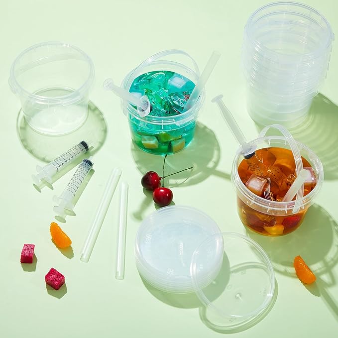 Willinglong 20 Set 16oz Clear Plastic Drink Buckets Rum Buckets for Drink with Straws, Lids and Beverage Syringes Reusable Iced Coffee Cups for Rum Wine Beer Cocktail Beverage Lemonades