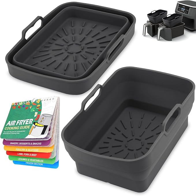 2Pcs Air Fryer Silicone Liners for Ninja SL401 /DZ201/ DZ401/ DZ550 8-10 QT, Reusable Liners for COSORI, Chefman, Instant Air Fryer, Silicone Air Fryer Basket Liners with Magnetic Cheat Sheet, Black