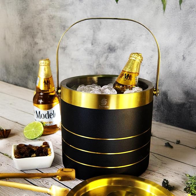3L - Double-walled stainless Steel Ice Bucket with lid, Ice Tong and Inner Bucket for parties, cocktail bars and indoor and outdoor parties