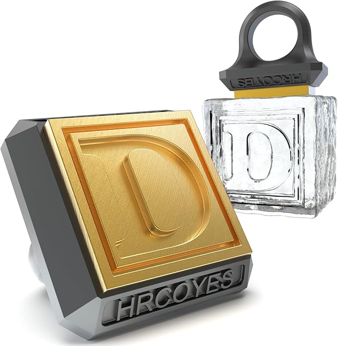 Square Ice Stamp Ring – 3 mm Brass Personalized Cube & Sphere Press, Ready-to-Gift Clear Acrylic Christmas Box, Custom Letter/Pattern Imprint for Whiskey & Cocktails (Letter D)