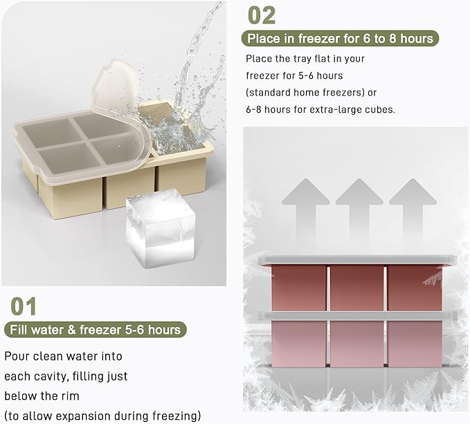 VLM 3 Packs Large Ice Cube Molds with Stackable Lid,Silicone Ice Cube Tray for Freezer,Big Square Ice Tray for Whiskey,Cocktails,Bourbon and Soups (Set 3)