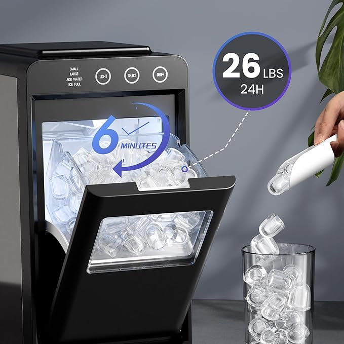 Electactic Ice Makers Countertop,26Lbs/24H,8Pcs in 6Mins,Portable Ice Maker Machine with Self-Cleaning,Interior Lighting,2 Sizes of Bullet Ice for Home/Office/Party(Black)