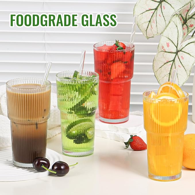 CWHHRN 20 oz Glass Cups and Straw 4 Set, Glass Tumbler with Straw, Vintage Glassware for Whiskey Cocktail Beer, Iced Coffee Cups (4 PACK)