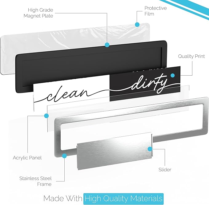 Stainless Steel Clean Dirty Magnet for Dishwasher, Black & White Script Dishwasher Magnet Clean Dirty Sign, Premium Clean/Dirty Dish Washer Magnets with Protective Backing, Rustic Kitchen Dish Sign