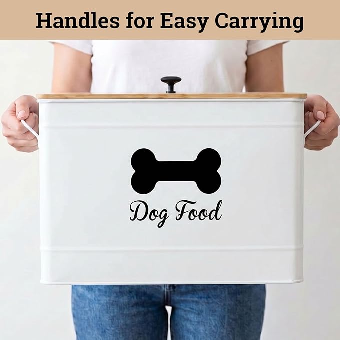 Dog Food Container Airtight 15 lb (50 Cup) Capacity with Metal Scoop - Cute Airtight Dog Food Storage Container with Bamboo Lid - White Metal Kibble Storage Bin for Dogs up to 100 lbs - Big Pet Jar
