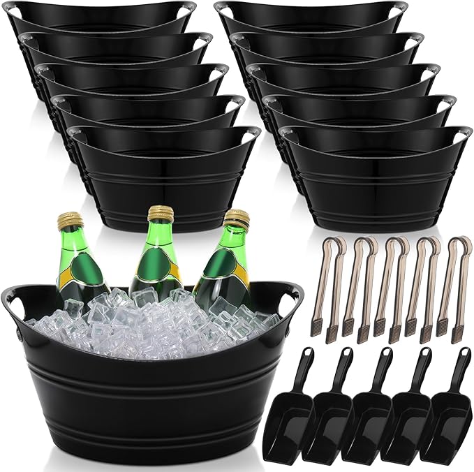 Zhehao 10 Pcs Ice Bucket for Parties 4.5 l Oval Beverage Tub with 5 Plastic Ice Scoops and 5 Tongs Champagne Bucket for Beer Wine Cocktail Beverage Bar Banquet Family Gathering (Small Scoops, Black)