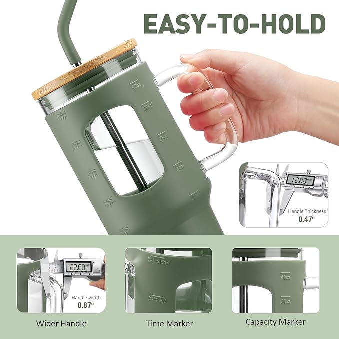 WINSA Glass Tumbler with Straw and Lid, 40 oz glass cup with handle, Glass Water Bottles with Time Marker, Silicone Protective Sleeve-Olive
