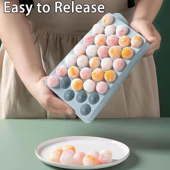 Ice Cube Tray with Lid, 33 Sphere Ice Cube Mold for Freezer, Stackable Round Ice Ball Maker Circle Ice Trays for Cocktails, Whiskey, Coffee, Drinks (Blue)