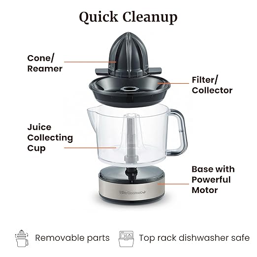 Elite Gourmet BPA-Free 40-Watt Electric Citrus Juicer, Compact, Large Volume, Pulp Control, Oranges, Lemons, Limes, Grapefruits with Easy Pour Spout, 24oz, Black/Stainless Steel