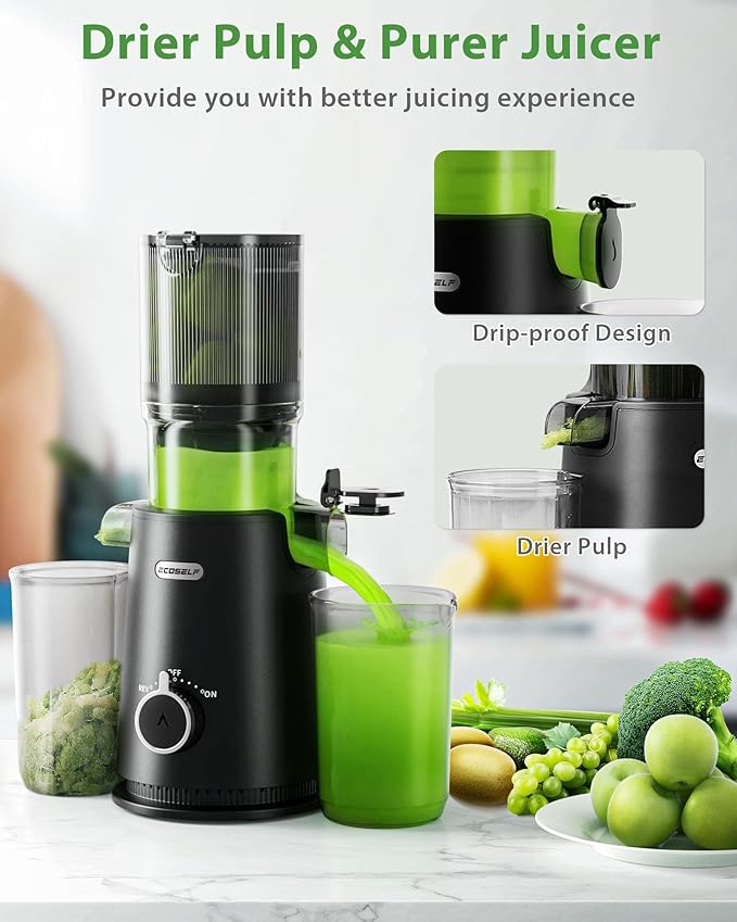 ECOSELF Cold Press Juicer - Large Mouth Hopper For Whole Fruits & Vegetables - Juicer Machines with Hands-Free Design - Slow Masticating Juicers High Juice Yield With Pusher - For Party Gathering