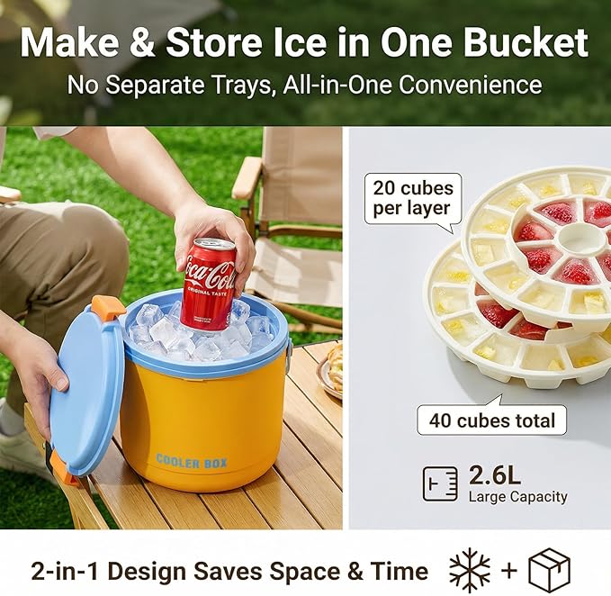 【2-in-1 Ice Bucket】Ice Bucket with Lid and Ice Tray, 40 Ice Cubes Total,Clear Ice Cube Maker with Sealed Lid for Freezer, Kit Includes 2-Piece Silicone Plastic Ice Tray, 1 Ice Scoop