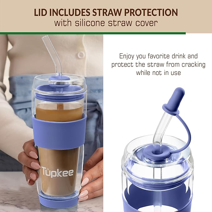 Tupkee Double Wall Glass Tumbler Straw Lid - For Hand Blown Glass Travel Mug, 14-Ounce & 8-Ounce, Jacaranda