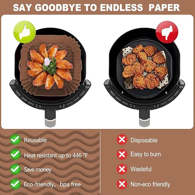 Boribim 2 PCS Square Silicone Air Fryer Liners - 8 Inch Reusable Air Fryer Pot - Air Fryer Accessories - Air Fryer Inserts for 4 to 7 QT Oven Microwave Accessories (Black + Brown)