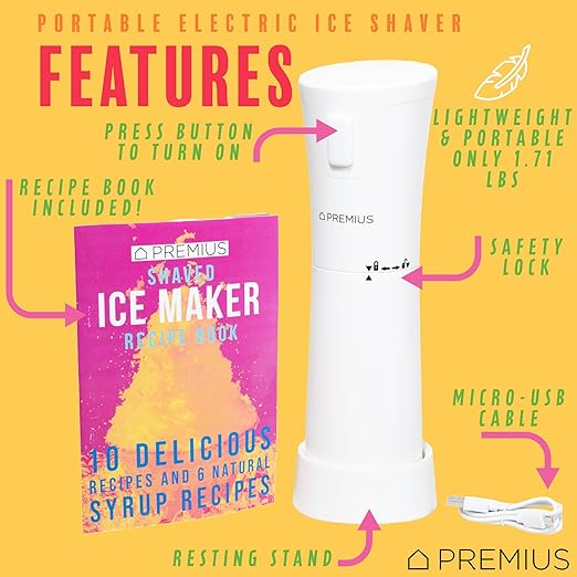 Cordless Shaved Ice Maker By PREMIUS – Lightweight, Rechargeable, Bonus Recipe Book, Resting Stand – Caribbean Shaved Ice! USB Cord Included – Up to 40 Snow Cones Per Charge! No Molds Needed! (White)