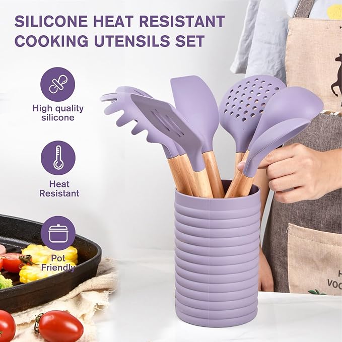 Silicone Kitchen Utensil Set,8 Pieces Cooking Kitchen Utensils Set with Wooden Handle,Non Stick Silicone Gadgets Utensil Set with Holder,Heat Resistant Cooking Tools Set for Cooking (Purple)