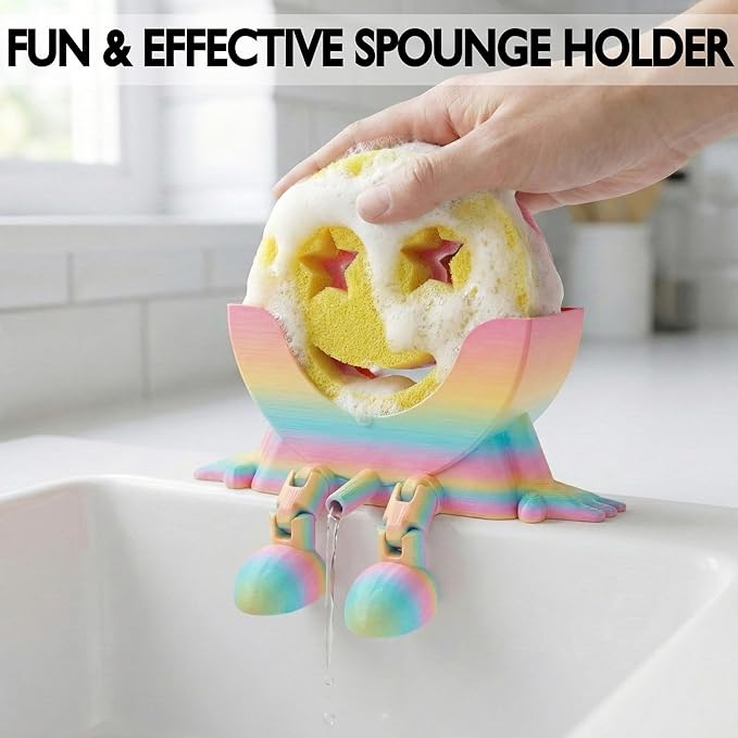 Cute Hanging Sponge Holder with Drainage & Legs, 3D Printed Funny Sink Stand for Round Sponges, Aesthetic Kitchen Sink Edge Organizer, Countertop Decor, Quick-Drying Storage Cleaning Gadget