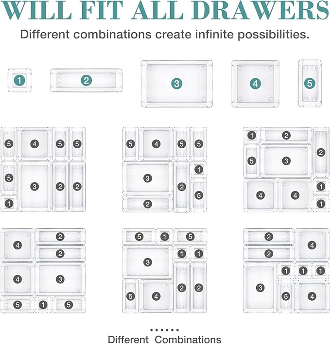 StorMiracle 23 PCS Drawer Organizer Set, 5 Varied Size Bathroom and kitchen Drawer cabinet organizer Trays, Clear Storage Bins for Makeup, Jewelry, Utensils and Gadgets