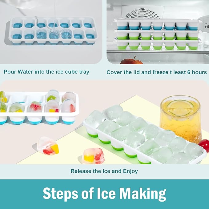 3 Pack Ice Cube Trays with Lids, Flexible Silicone Bottom for Easy Release, Stackable & Space-Saving Ice Molds, 1.2" Cubes Color-Coded (2 Green 1 Blue) for Juice, Coffee & Cocktails, BPA Free