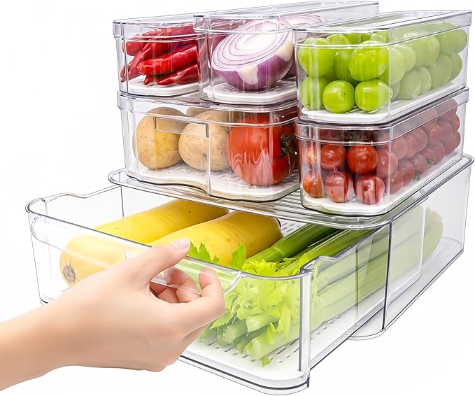 SMRCAD 6 Pack Refrigerator Organizers, Clear Pull-out Drawer Container and Organizer Bins with Lids, Stackable Storage Containers for Fruits, Vegetable (Set of 6 (Include Pull Out Drawer))