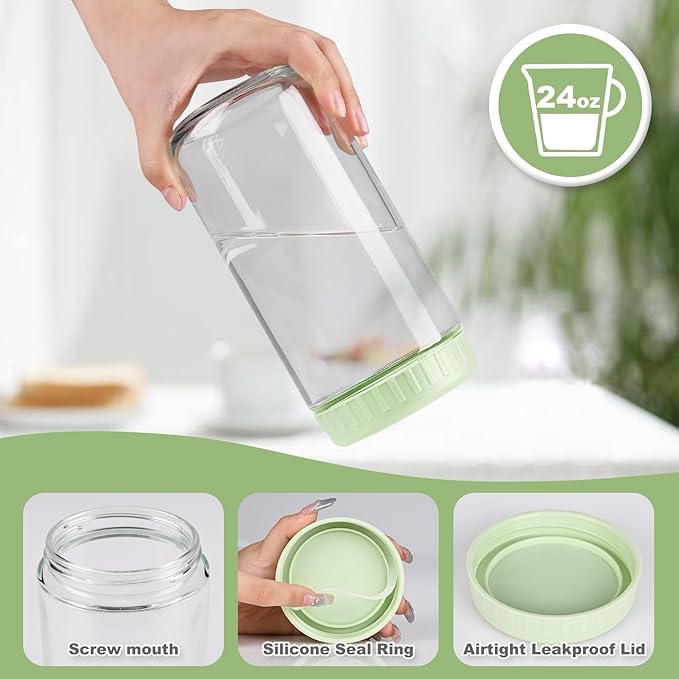 SHOWIN Overnight Oats Containers with Lids, 24oz Glass Jars with Lids 2 pcs, Light Green, Wide Mouth Mason jars for Salad, Yogurt, Snacks, Meal Prep