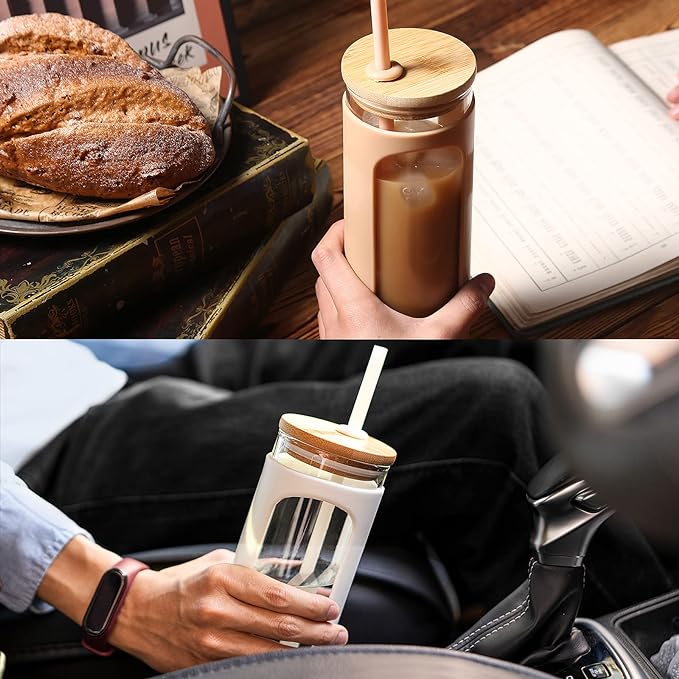 Kodrine 20oz Glass Water Tumbler with Straw and Lid, Bamboo Lids Water Bottle, Iced Coffee Cup Reusable, Wide Mouth Smoothie Cups with Protective Silicone Sleeve BPA FREE-Black