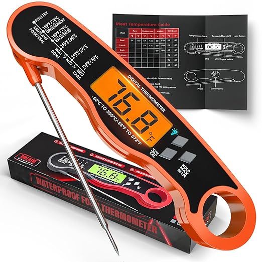 Fast Instant Read Meat Thermometer with Backlight - Waterproof Digital Food Probe for Grilling, Cooking, Baking & Candy Making - Kitchen & BBQ Essential(Orange)
