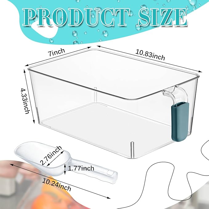 Havawish Ice Storage Bin and Flexible Scoop Set Plastic Freezer Bin with Pull out Handle Storage Bucket Clear for Container with Scoop(Dark Blue,10.83 x 7 x 4.33 in,Classic)