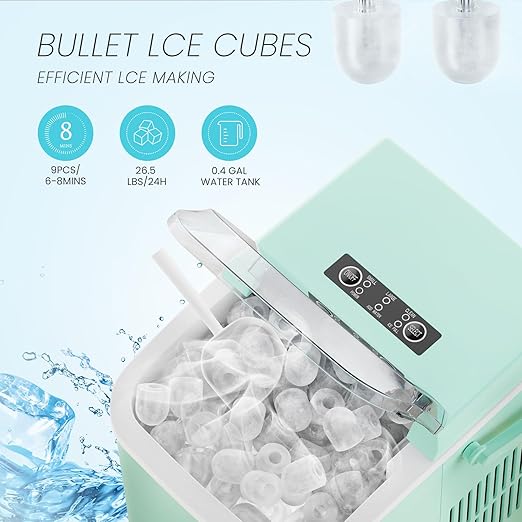 Ice Makers Countertop, Portable Ice Machine with Handle, 6 Mins 9 Bullet Ice Cubes with Basket and Scoop, 26lbs in 24Hrs, Auto-Cleaning, for Home, Kitchen, RV, Camping, Green