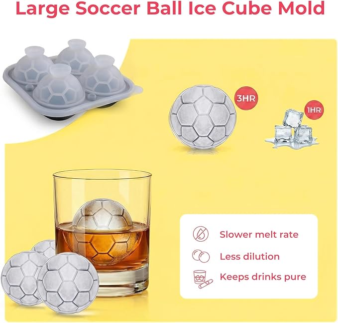 Large Ice Cube Tray,Silicone Ice Cube Trays for Freezer with Lids & Funnel,2.5 Inch Reusable Big Round Ice Cube Mold Ball Maker for Gifting,Whiskey,Cocktails and Drinks,Easy Release (Soccer Ball)