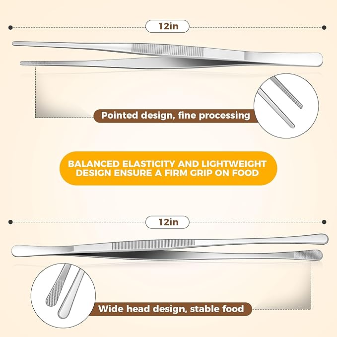 12-Inch Cooking Tweezers Tongs 2-Pack, Stainless Steel Kitchen Tweezers with Dual-Head Design and Non-Slip Grip, Chef Tweezer Tongs for Frying, Plating, Pasta, BBQ, Air Fryer, Food Prep Tools
