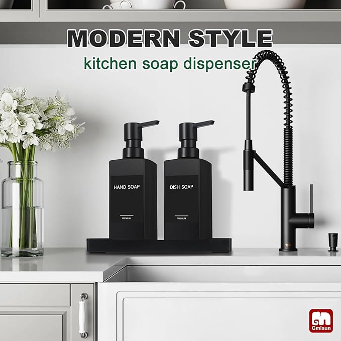 GMISUN Kitchen Soap Dispenser Set, Hand and Dish Soap Dispensers, 12 fl oz/350 ml Black Soap Dispenser with Tray, Glass Dish Dispenser for Kitchen, Liquid Hand Soap and Lotion Bottle Set for Bathroom