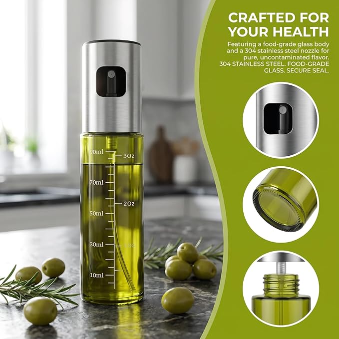 Cooking Oil Spray Bottle, Olive Oil and Avocado Oil Spray Bottle, 100ml Olive Oil Spray Bottle, Kitchen Tools, Air Fryer, Salad, Frying, Grilling (light-blocking glass)-Silver