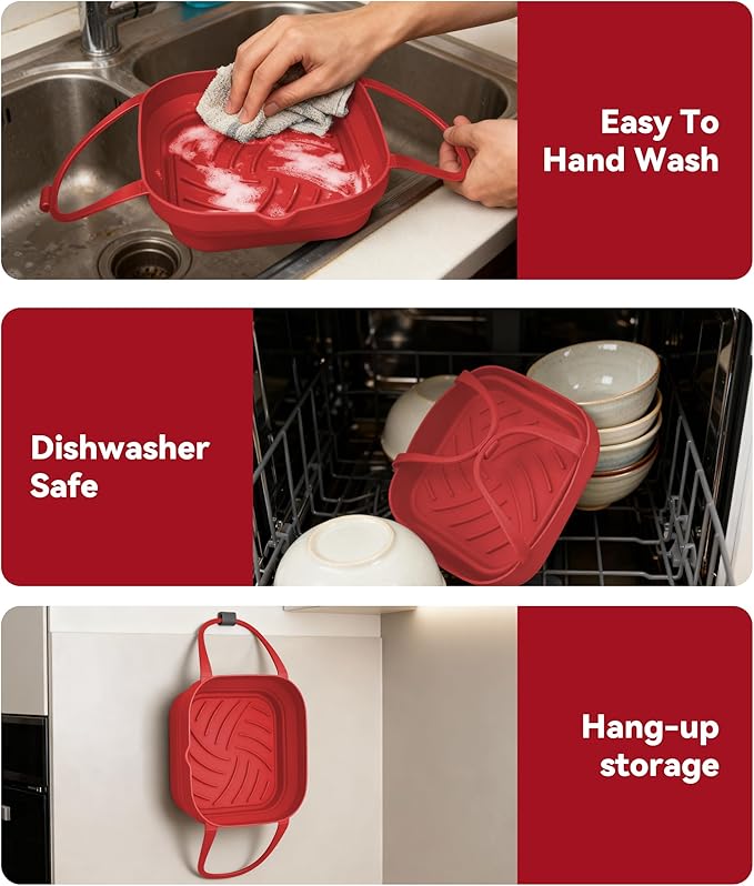 Silicone Air Fryer Liners with Handles: 8.3 Inch Square Reusable Airfryer Basket Liner for 3.5-5 Qt - Baking Tray Insert Cooking Air Fryer Accessories for Cosori Philips Ninja Instant Vortex Red