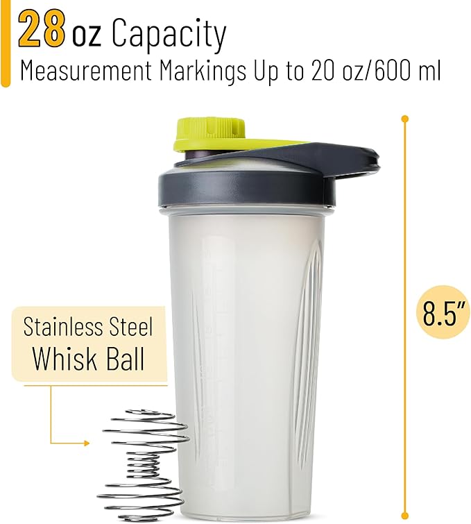 Mr. Pen- Shaker Bottles for Protein Mixes with Twist Cap, 28 oz, Gray/Yellow, Protein Shaker Bottle with Wire Whisk Ball