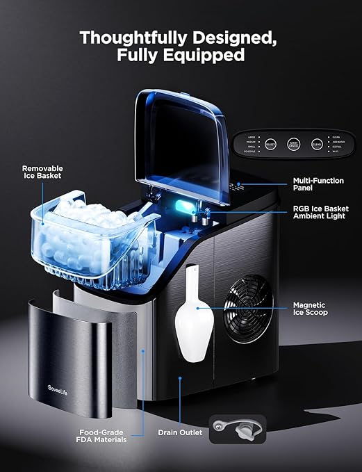 GoveeLife Smart Ice Maker Countertop, Portable Ice Machine with Voice Control, 9 Ice Cubes in 6 Minutes 3 Sizes, 26lbs/24Hrs, Self Cleaning RGB Lights, Quiet Ice Maker with Scoop for Kitchen Black