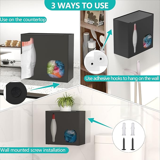 STWWO 2 in 1 Grocery Bag Holder & Trash Bag Holder Dispenser, Kitchen Grocery Storage Organizer for Cabinet, Under Sink, Wall Mounted or Countertop, Metal Black