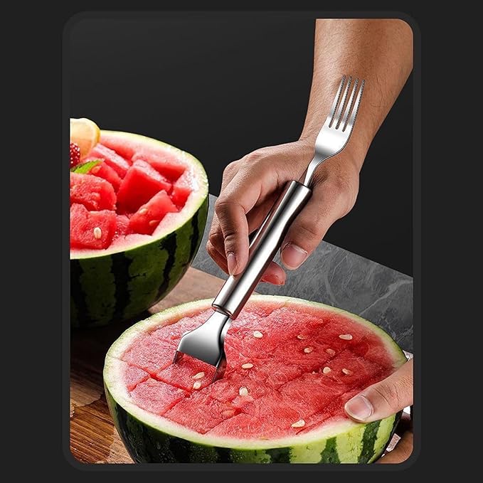 2-in-1 Watermelon Slicer & Fork, Watermelon Fork Slicer Cutter, Stainless Steel Fruit Cutter Tool for Watermelon, Mango, Pitaya,Portable for Camping, Picnics, Home, Parties (Sliver)