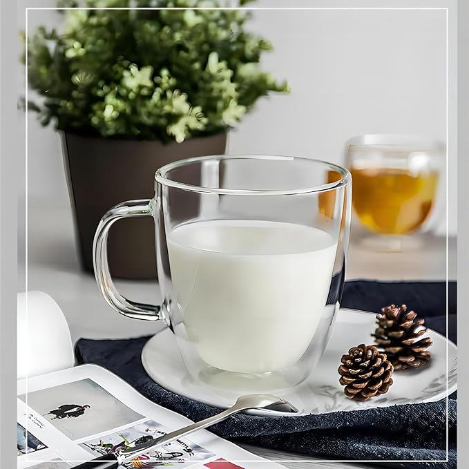 Double Wall Glass Coffee Mugs 450ml / 15oz – Set of 2 Insulated Clear Cups for Espresso, Latte, Cappuccino, Tea, Hot or Cold Drinks (15oz set of 2)