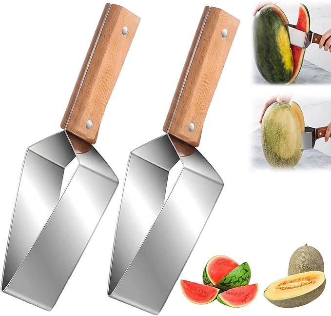 Premium Watermelon Cutter, Stainless Steel Watermelon Cutter Slicer Tool with Wooden Handle, Comfortable Non-slip Handle Multi-Functional Fruit Tool for Watermelon, Cantaloupe & Honeydew (2pcs)