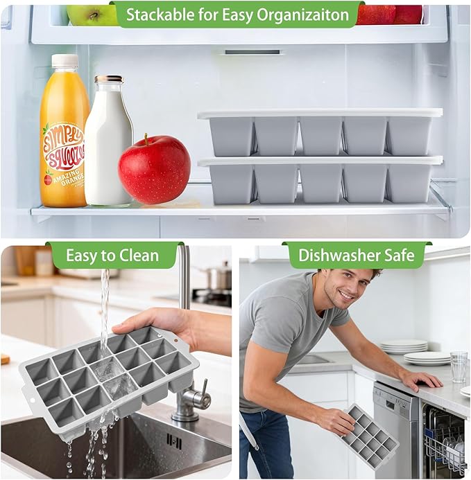 Silicone Ice Cube Tray with Locks Lids, Easy Release Flexible 15 Square Ice Trays for Freezer, Stackable & Reusable Ice Cube Mold for Whiskey, Cocktails, Baby Food, BPA Free, 2 Pack (Gray)