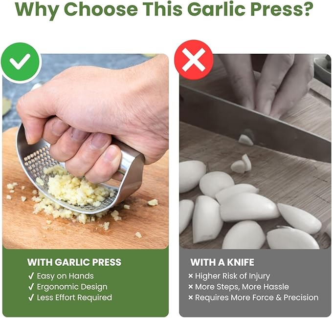 Garlic Press Rocker 304 Stainless Steel Garlic Mincer & Crusher with Silicone Peeler and Cleaning Brush, Ergonomic Dishwasher Safe Garlic Chopper Kitchen Gadget for Seniors & Home Cooks