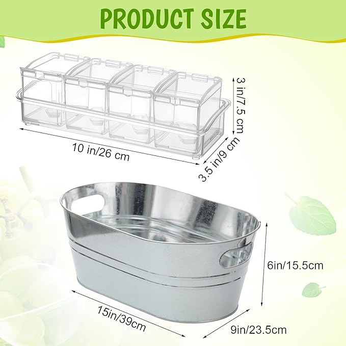 2 Pcs 4 Gallon Galvanized Metal Ice Buckets Large Metal Drink Bucket 2 Pcs Condiment Caddy Clear 4 Compartment with Lid and Spoon for Summer Birthday Party Dinner Wedding Mimosa Bar(Silver)