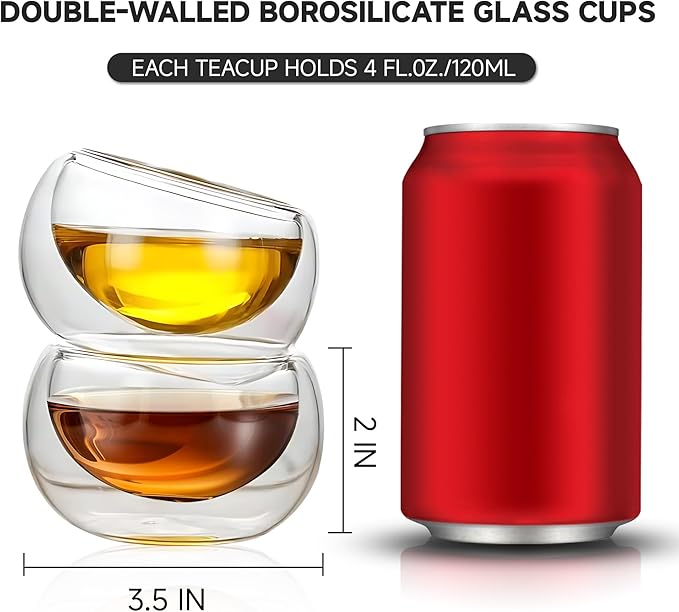 YMMIND 4 Pack Double Walled Glass Teacups Insulated Glasses - (4oz / 120ml) Heatproof Borosilicate Tea Cup, Mini Espresso Cups Gift Box